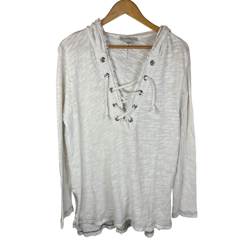 White + Warren Lace Up Hoodie Womens M White Slub Knit Long Sleeve‎ Beach Travel